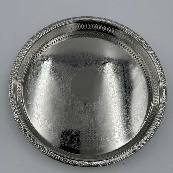 NIB!! Elegance Round Metal Serving Tray, Nickel Plated w/Decorative Embossing - Picture 3 of 5